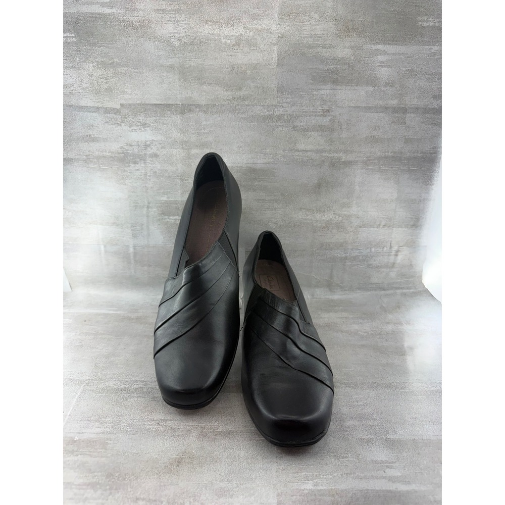 Clarks Indigo Women Black Leather Pleated Vamp Block Heel Pumps Size 10M 85140